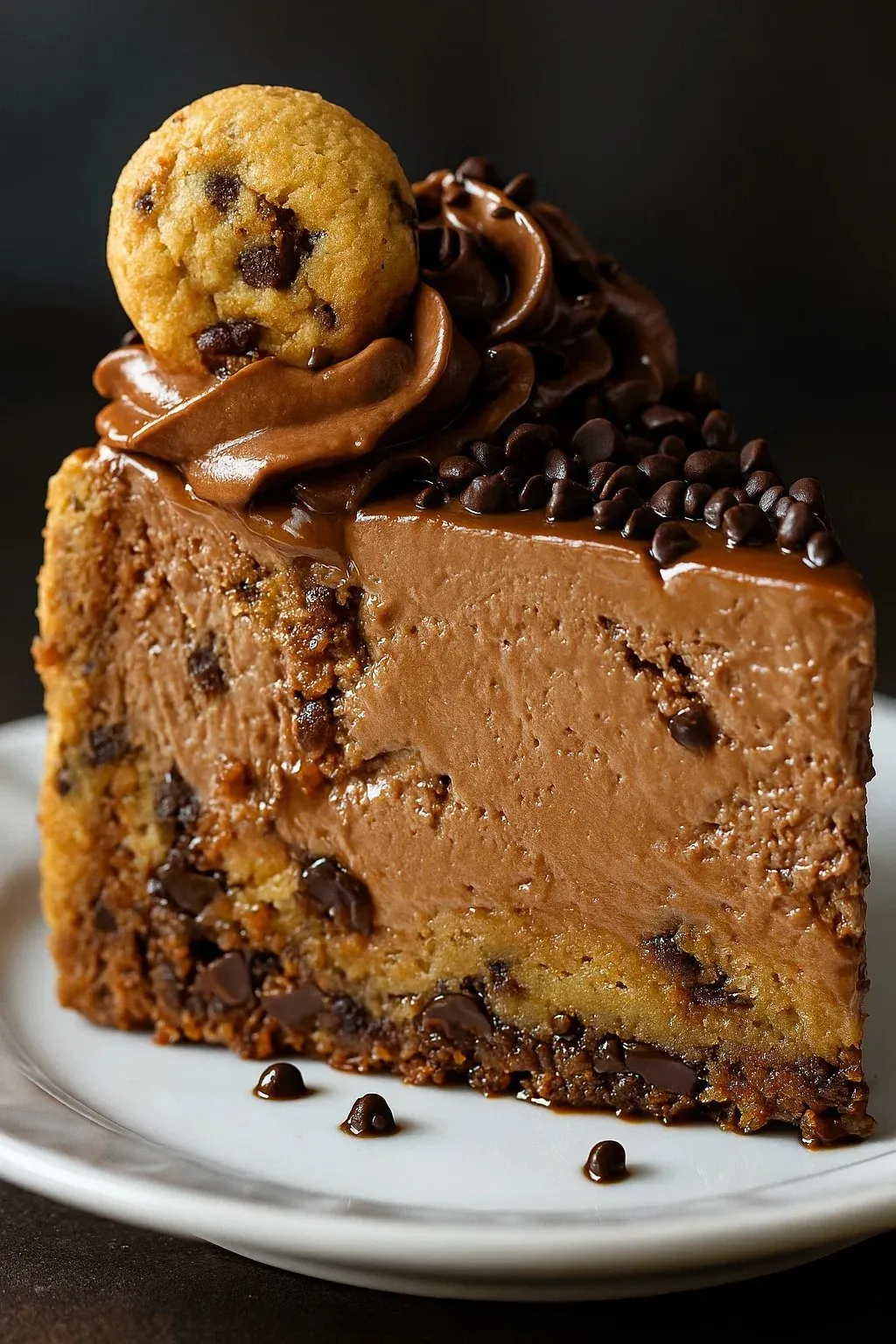 Fetta di torta al cioccolato con gocce di cioccolato sopra.
