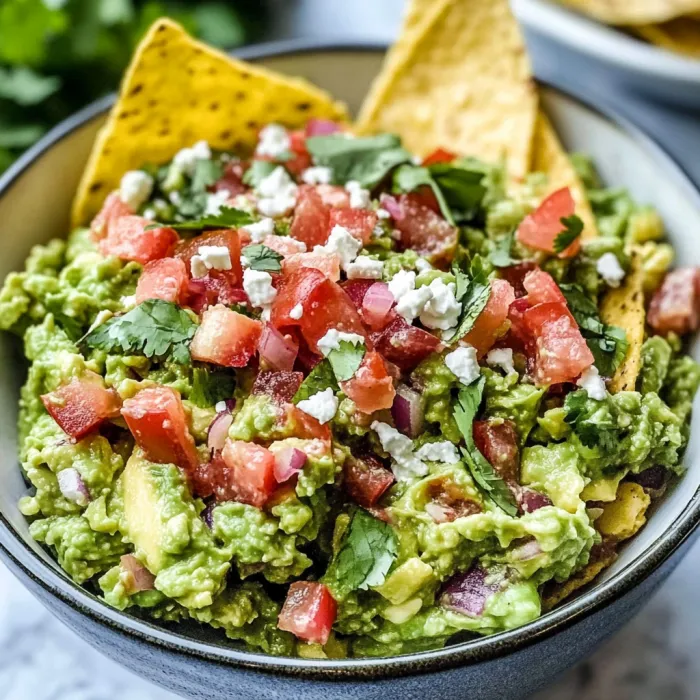 Ciotola di guacamole con pomodori e formaggio.
