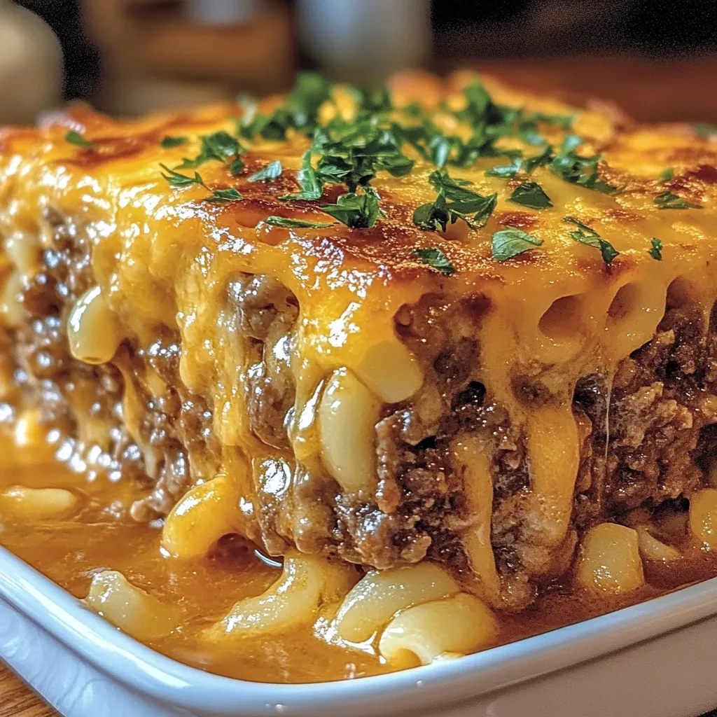 Uno sformato con formaggio sciolto e carne sopra.