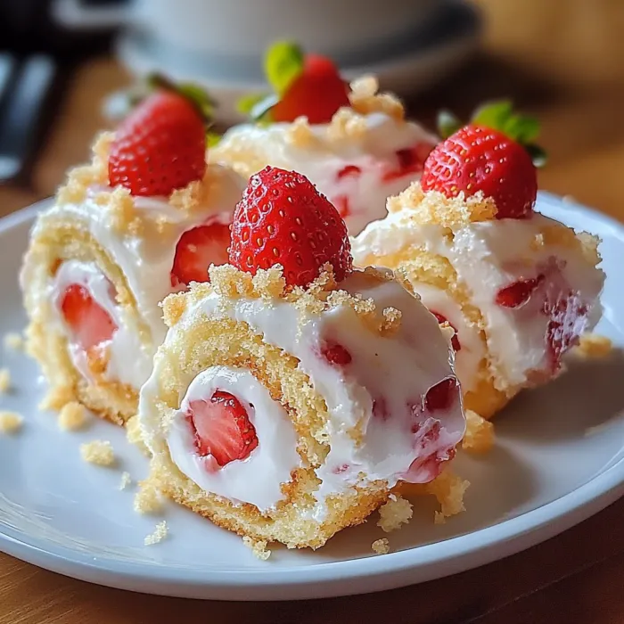 Un piatto con una torta e fragole sopra.