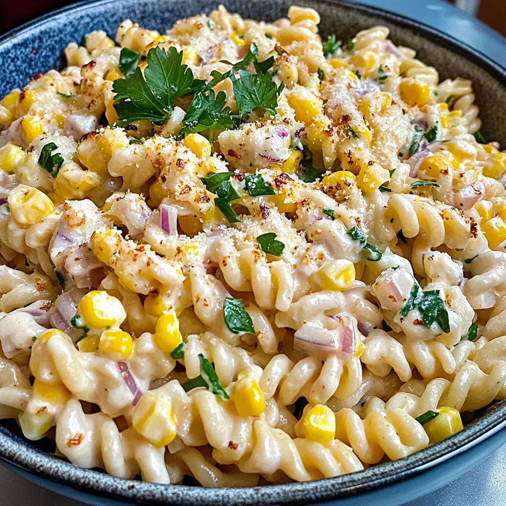 Una ciotola di pasta con mais e formaggio.