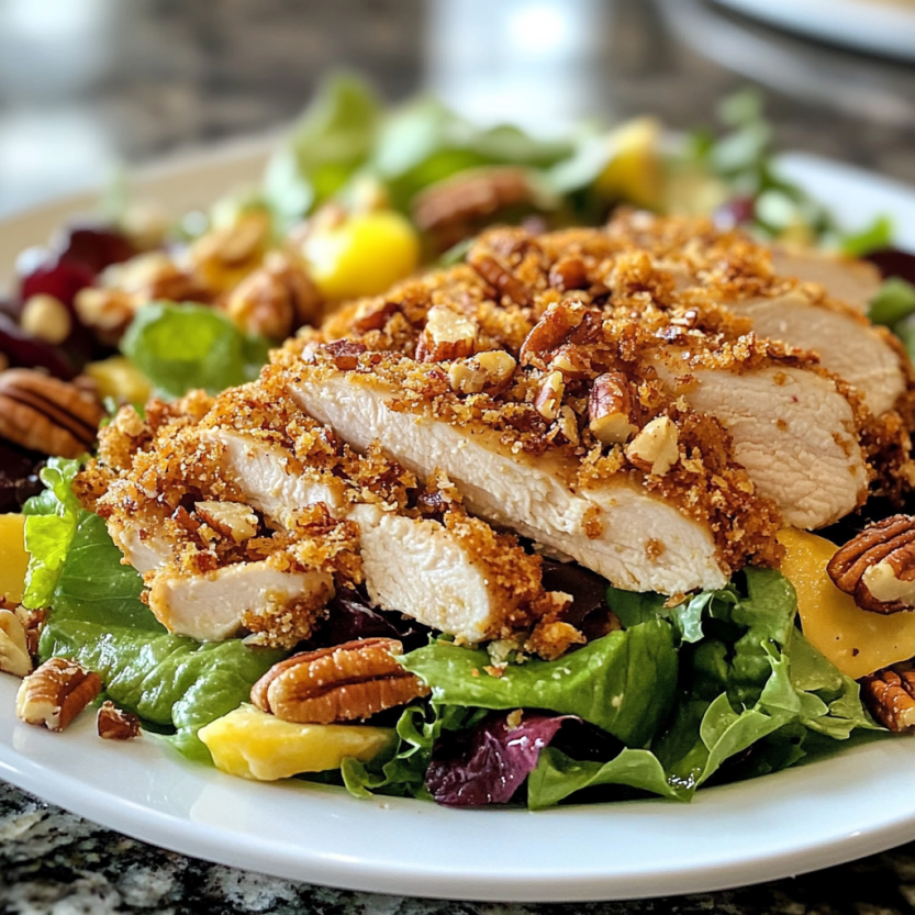 Un’insalata con pollo croccante alle noci pecan e verdure miste.