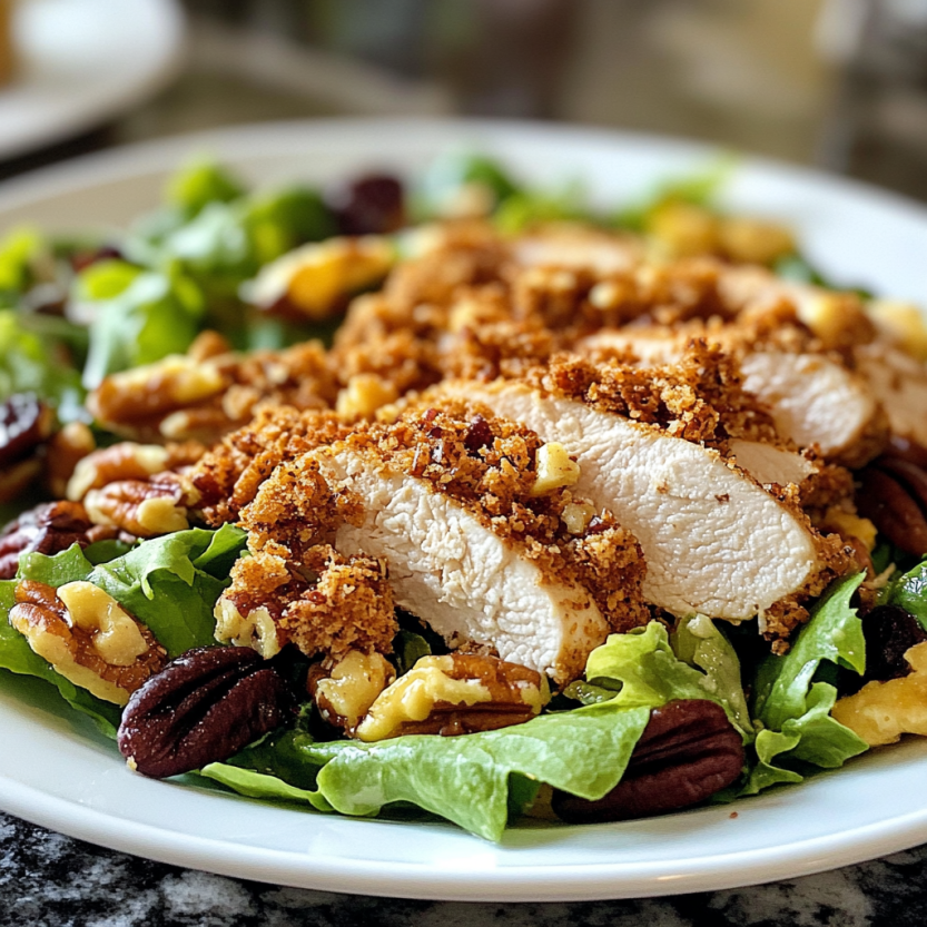 Un'insalata di pollo croccante con noci pecan e verdure fresche.