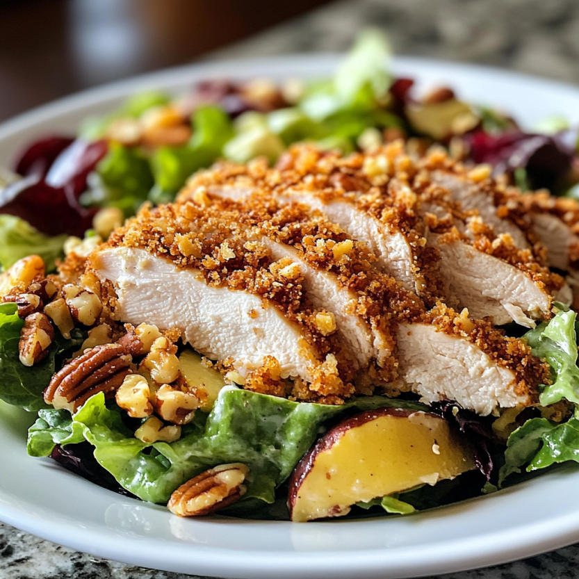 Un'insalata di pollo croccante con noci pecan e verdure fresche.