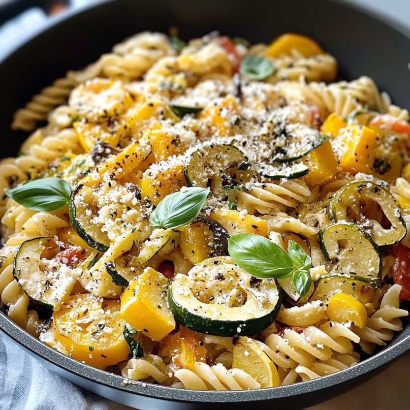 Una padella di pasta con verdure verdi e erbe aromatiche.