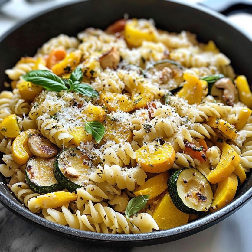 Una padella piena di pasta con verdure e aromi freschi.