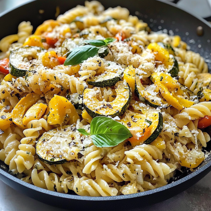 Una pentola di pasta con verdure verdi e aromi.