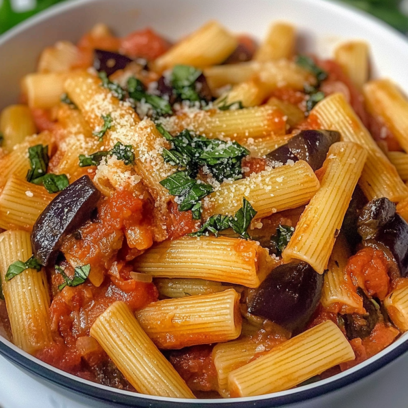 Un piatto di penne alla norma con verdure verdi e erbe aromatiche.
