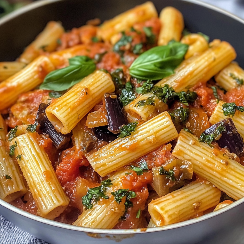 Un piatto di penne alla Norma, con verdure ed erbe aromatiche.