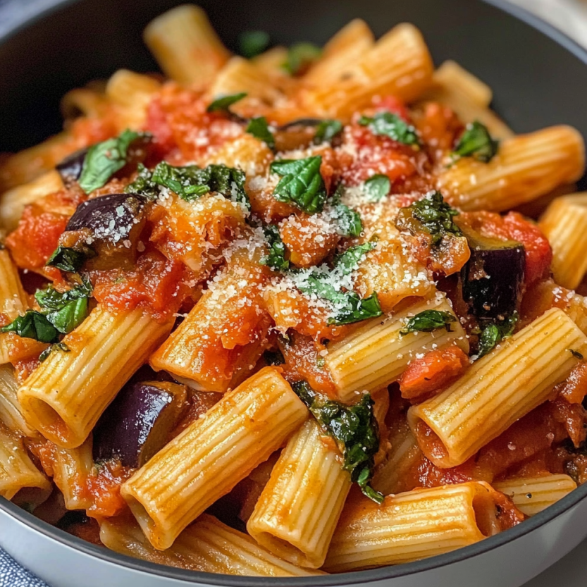 Piatto di penne con verdure e profumo di erbe.