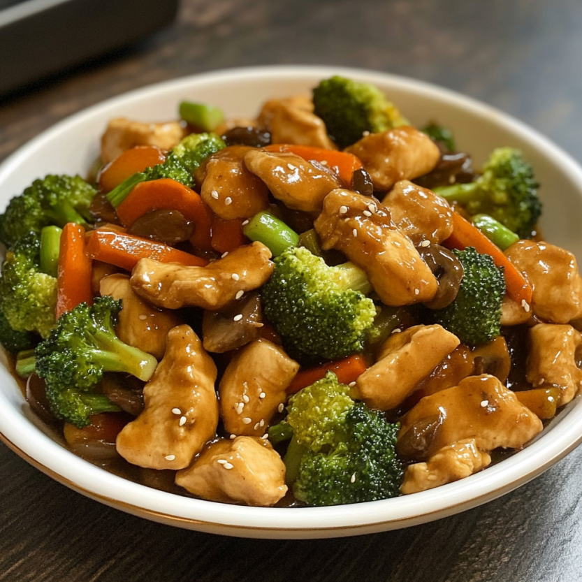 Un piatto con bocconcini di pollo e verdure saltate.