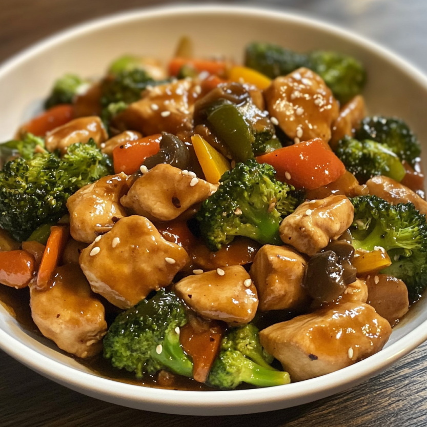 Un piatto di saltato con pollo e verdure.
