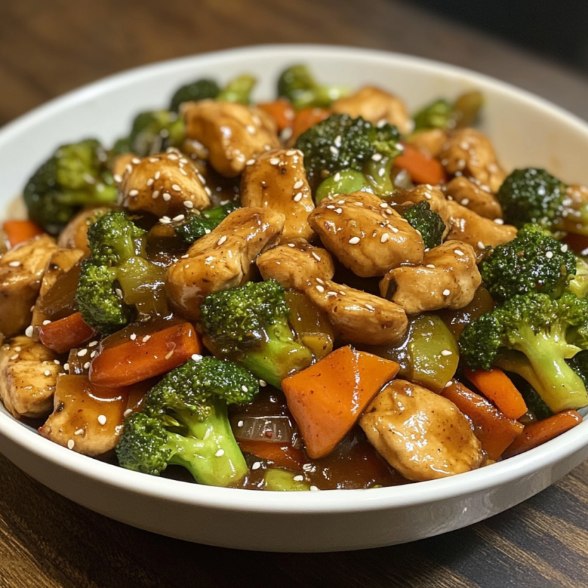 Un piatto di saltato con pollo e verdure.