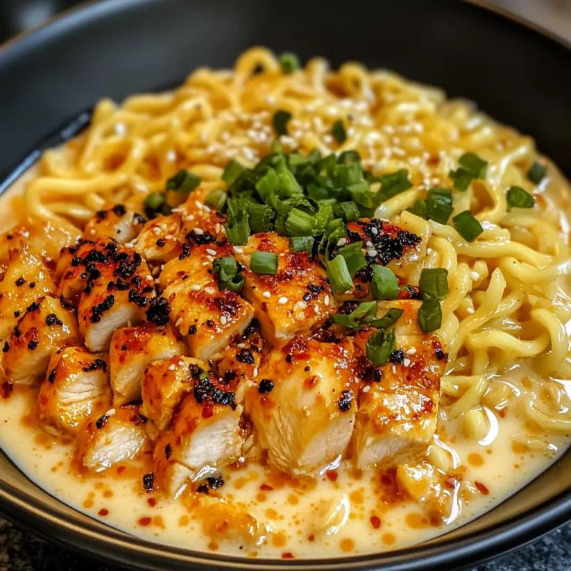 Una ciotola con pollo e noodles.