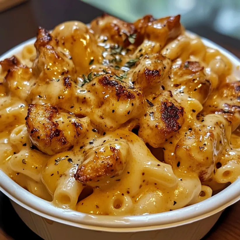 Una ciotola di mac e formaggio con pollo miele e pepe, super cremoso.