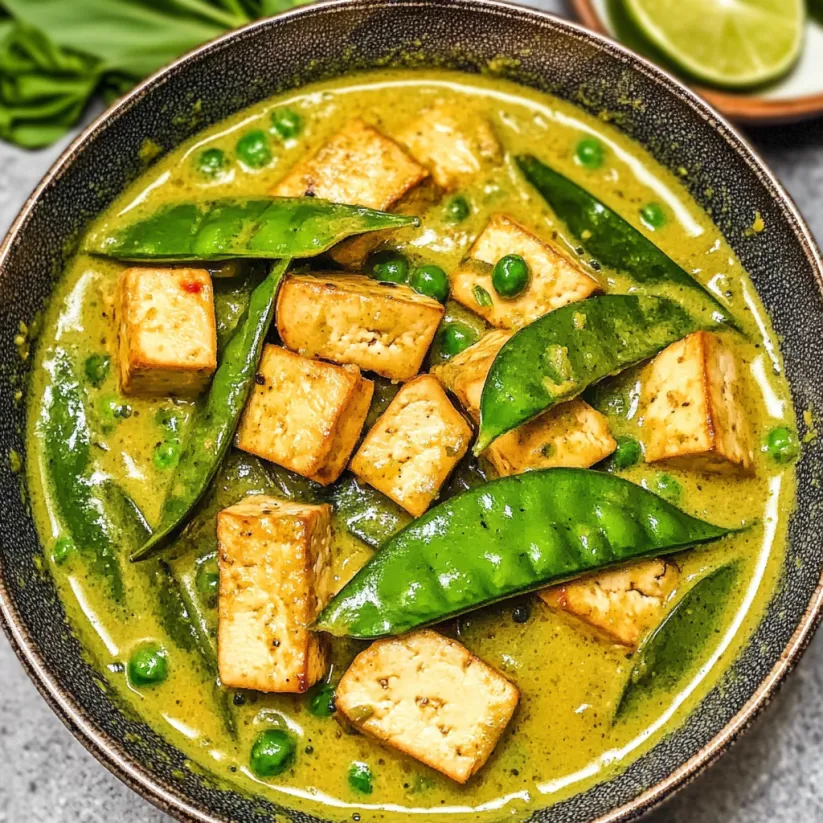 Ciotola con curry verde e tofu croccante, ispirazione thai.
