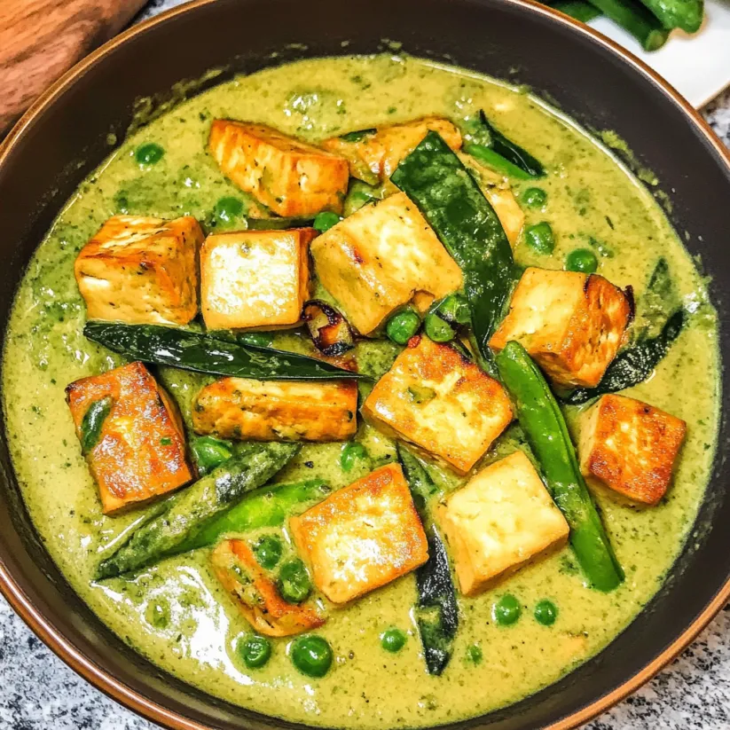 Una ciotola di curry verde al tofu ispirato alla cucina thai.