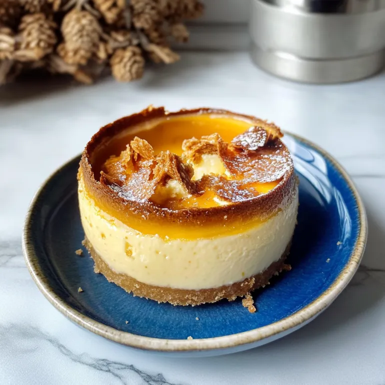 Un pezzettino di cheesecake basco su un piattino blu.