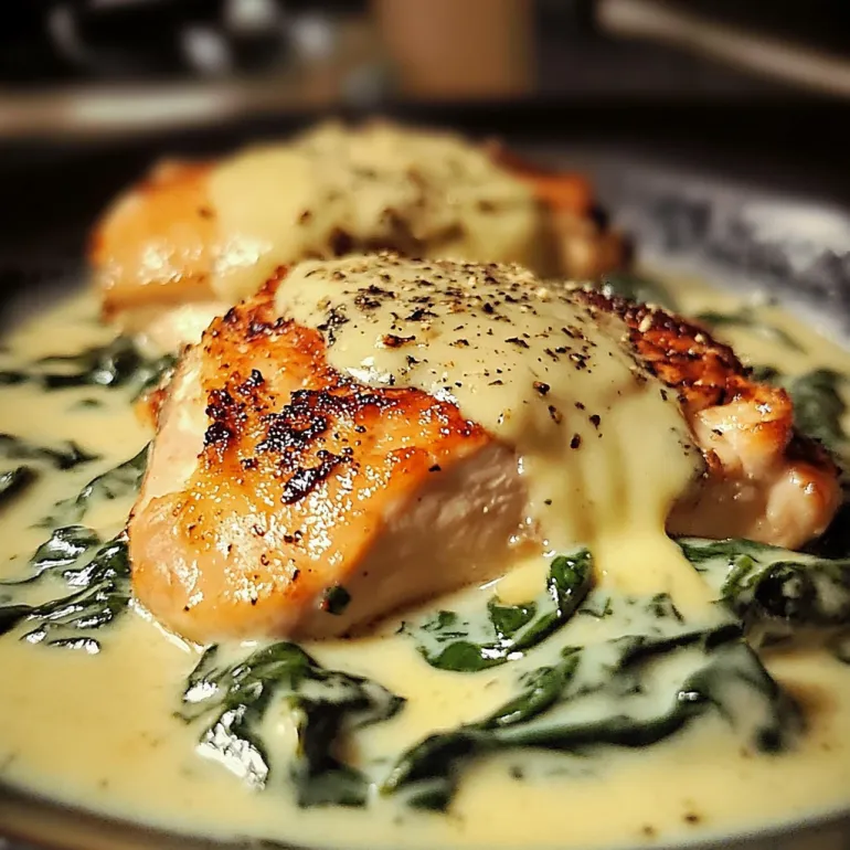 Un piatto con pollo morbido e spinaci cremosa.