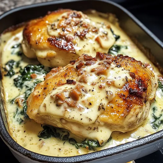 Piatto di pollo avvolto da spinaci cremosi.