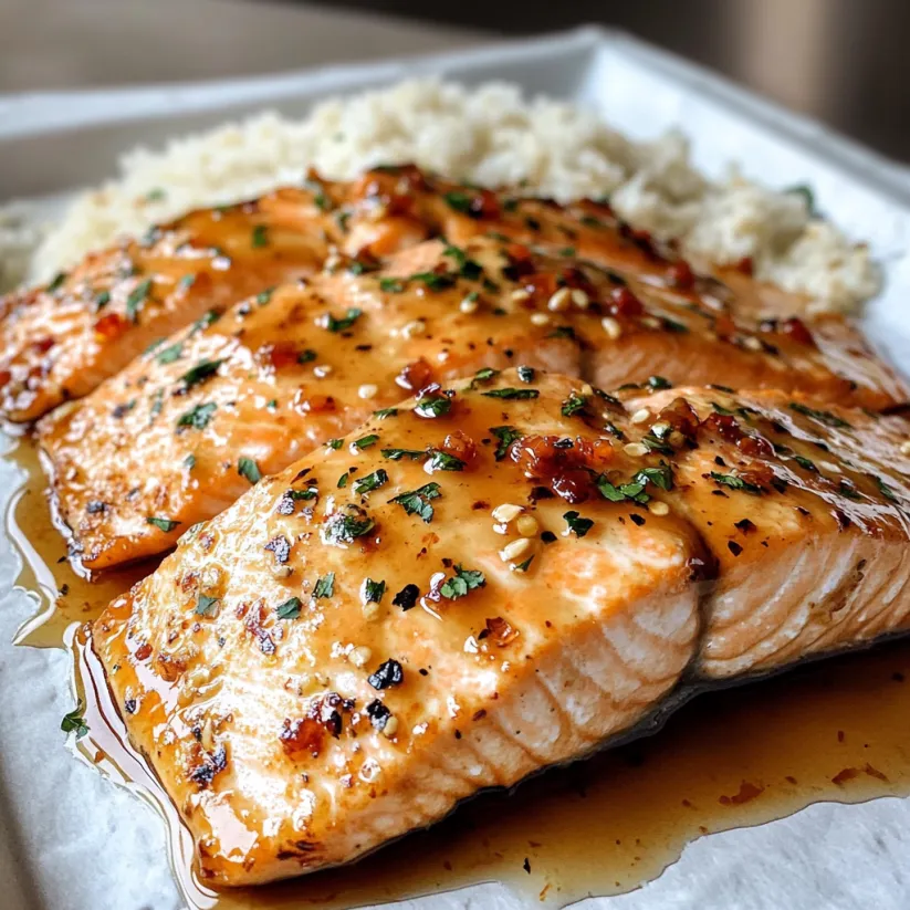 Un primo piano di un trancio di salmone glassato.