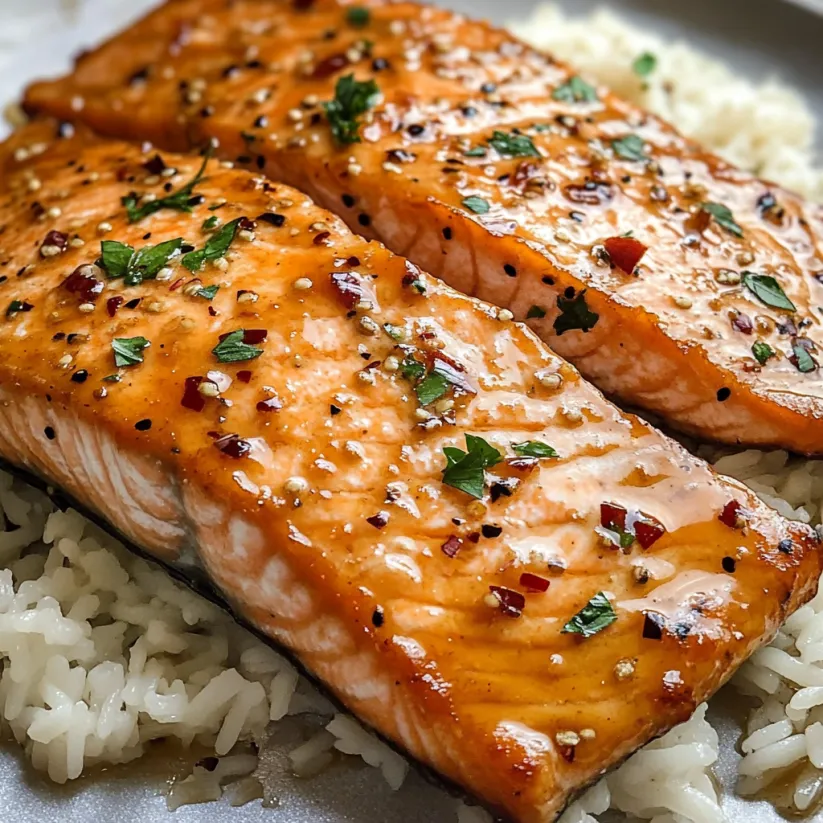Trancio di salmone e riso su un piatto.