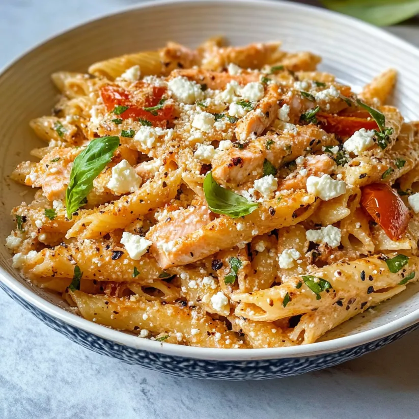 Una ciotola di pasta con salmone e formaggio feta.