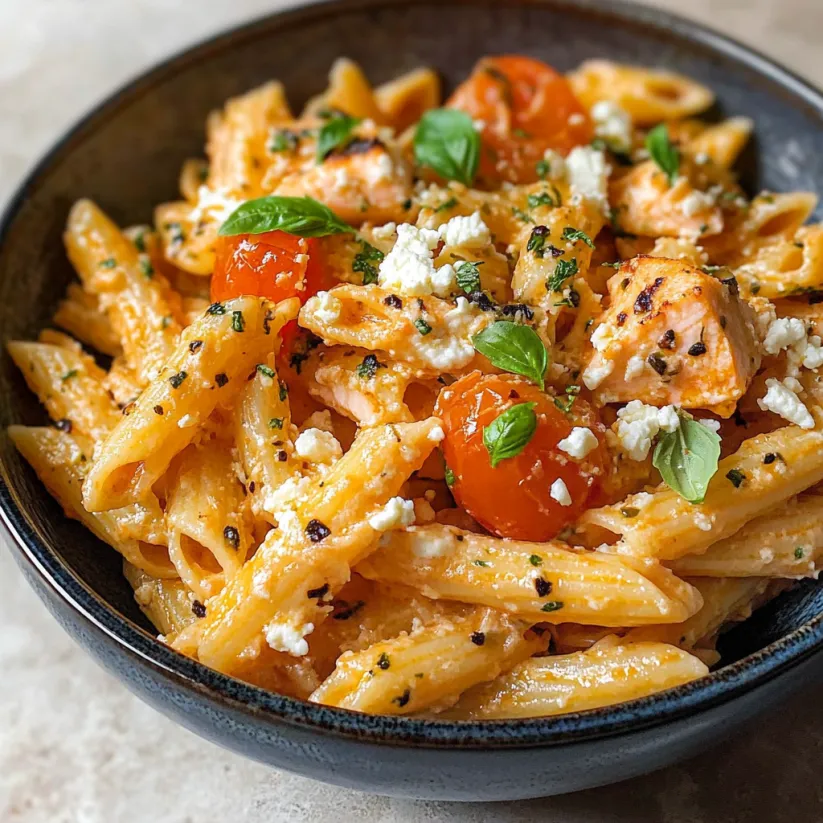 Ciotola di pasta con pomodori e feta.