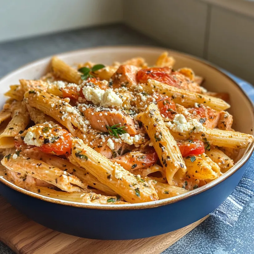 Una ciotola di pasta con salmone e formaggio feta.