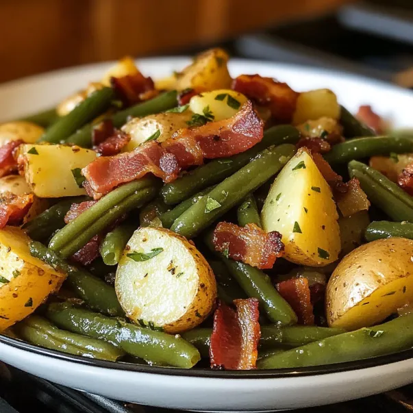 Un piatto pieno di pancetta e fagiolini.