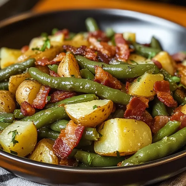 Un piatto pieno di pancetta e fagiolini.