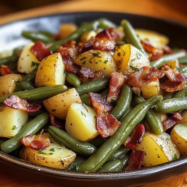 Un piatto pieno di bacon e fagiolini.