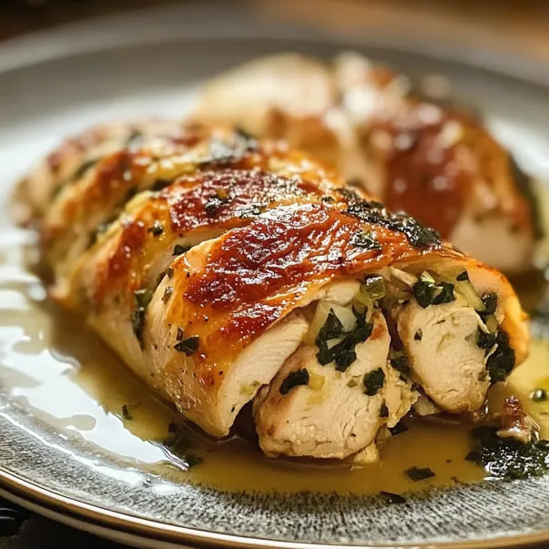 Un piatto di pollo con salsa.