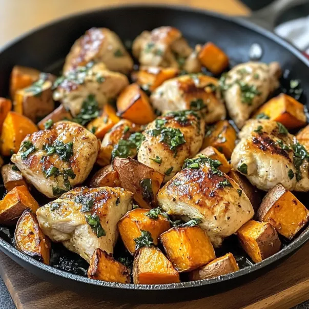Una padella con pollo e verdure.