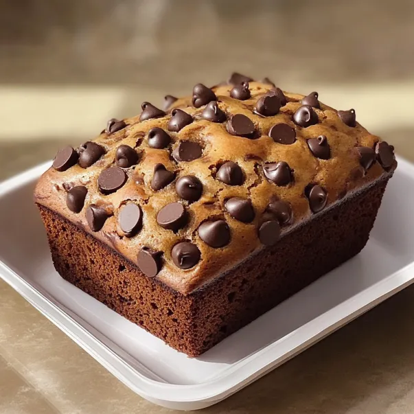 Una torta alla banana con gocce di cioccolato sopra.