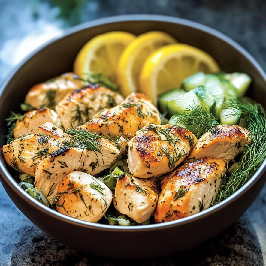Una ciotola con pollo, lemon, cucumber e parsley.
