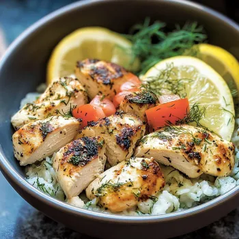 Una tazza con pollo, pomodori, limoni e erbe.
