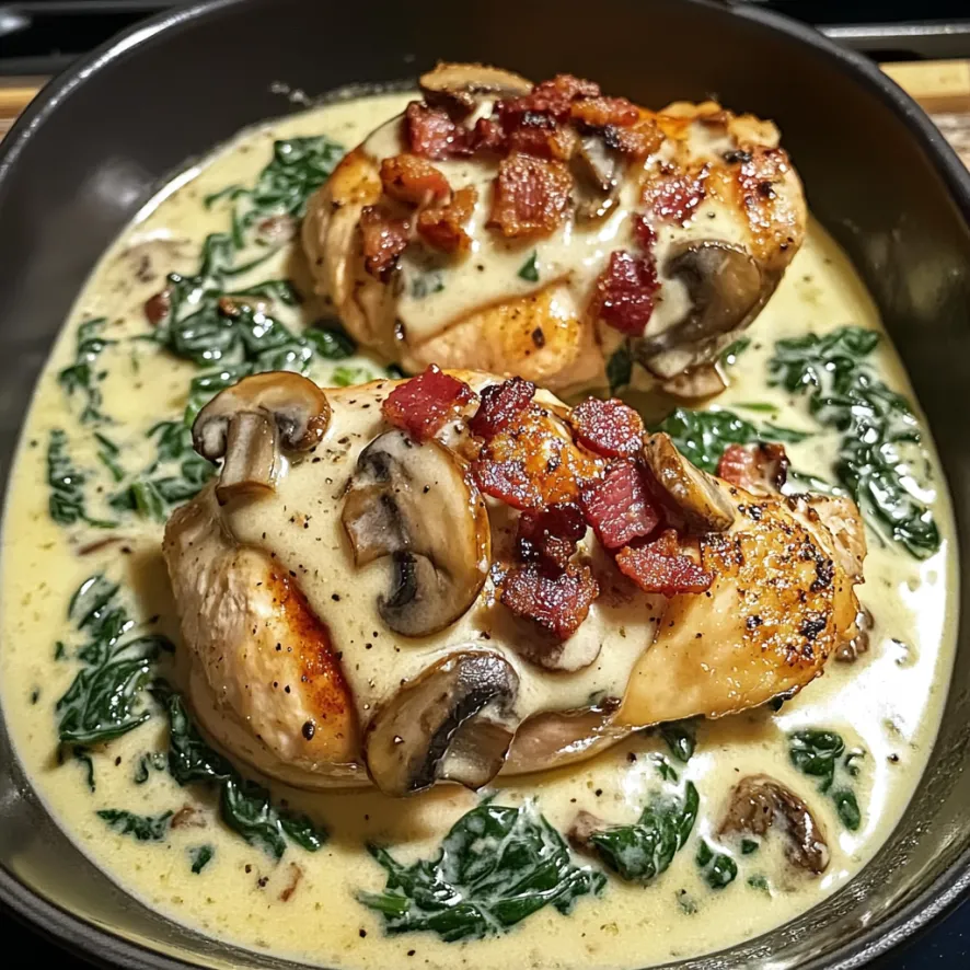 Piatti di pollo con mushroom e bacon.