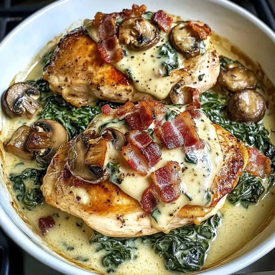 Piatti di pollo con mushroom e bacon.