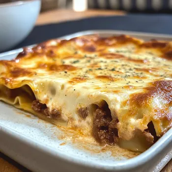 Piatto con lasagna e salsa.