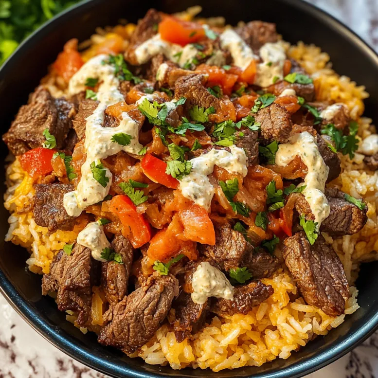 Riso con carne e verdure in una ciotola.