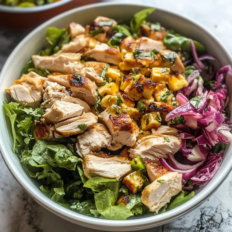 Una tazza di salata con pollo e verdure.
