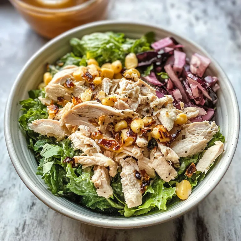 Una tazza di salata con pollo, maize, lattuga e pomodori.