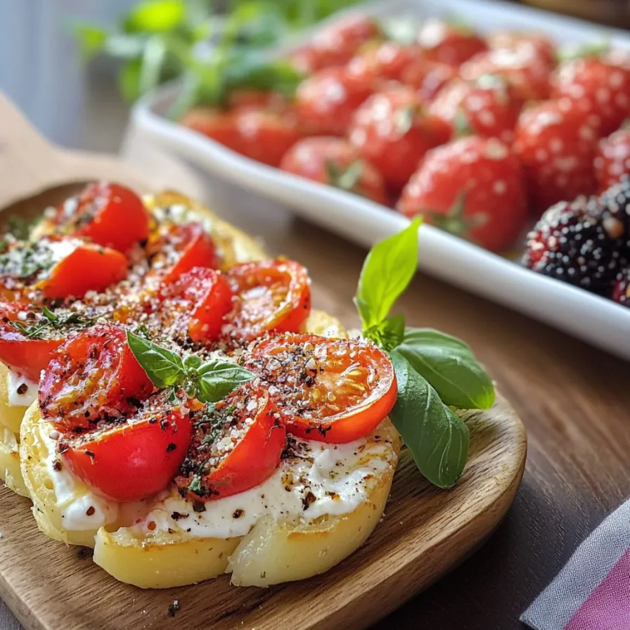 Una tavolata con un piatto di pomodori e basilico.
