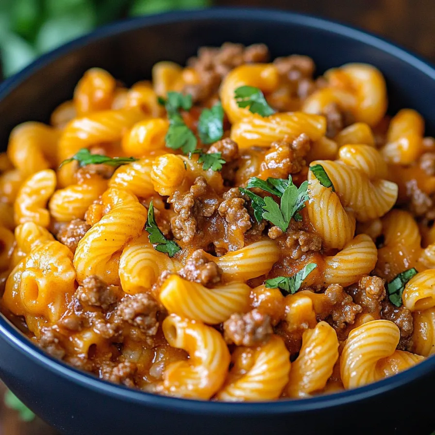 Una ciotola di macaroni con carne e verdure.