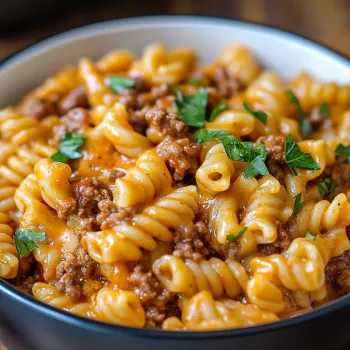 Una ciotola di maccheroni con carne e verdure.