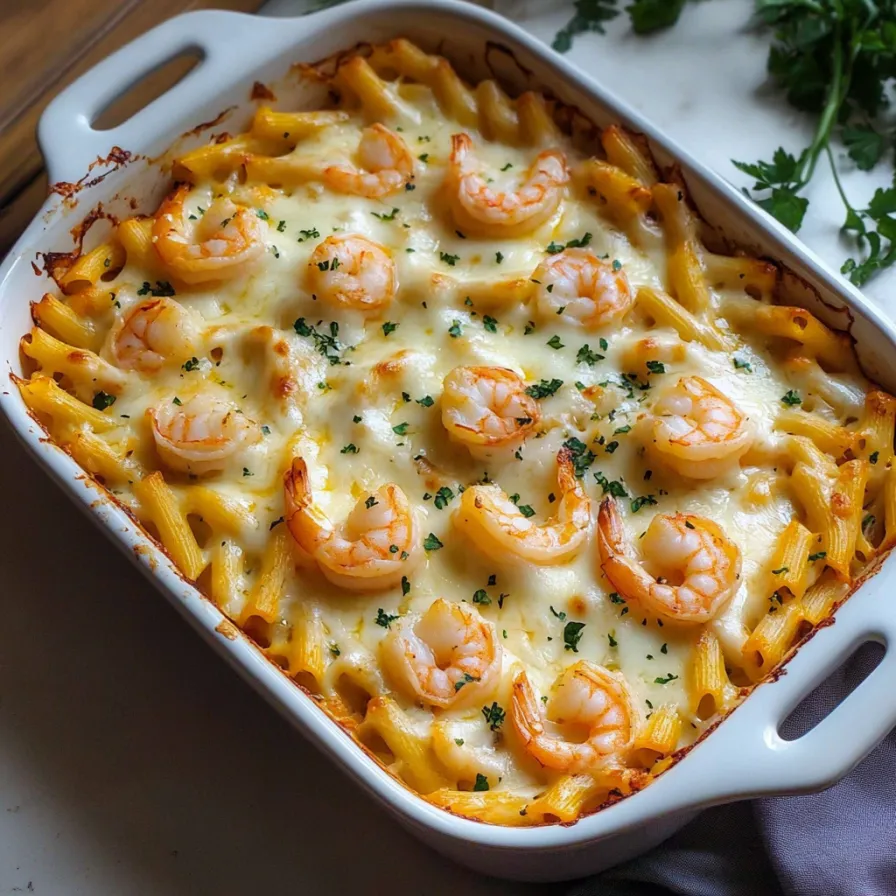 Una tazza di pasta con shrimp e formaggio.