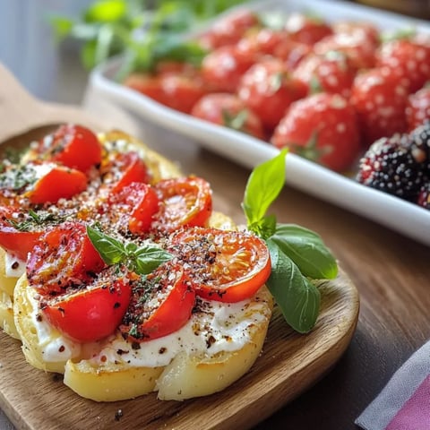 Una tavolata con un piatto di pomodori e basilico.