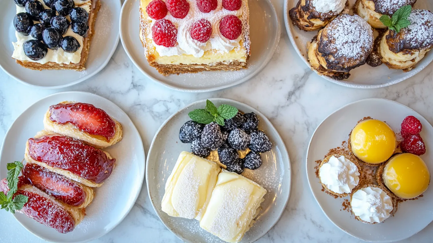 Tavoli con dolci e frutta.
