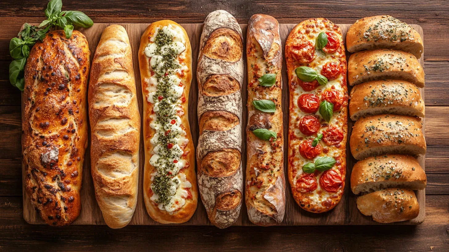 Un'immagine di vari pani e pizza.